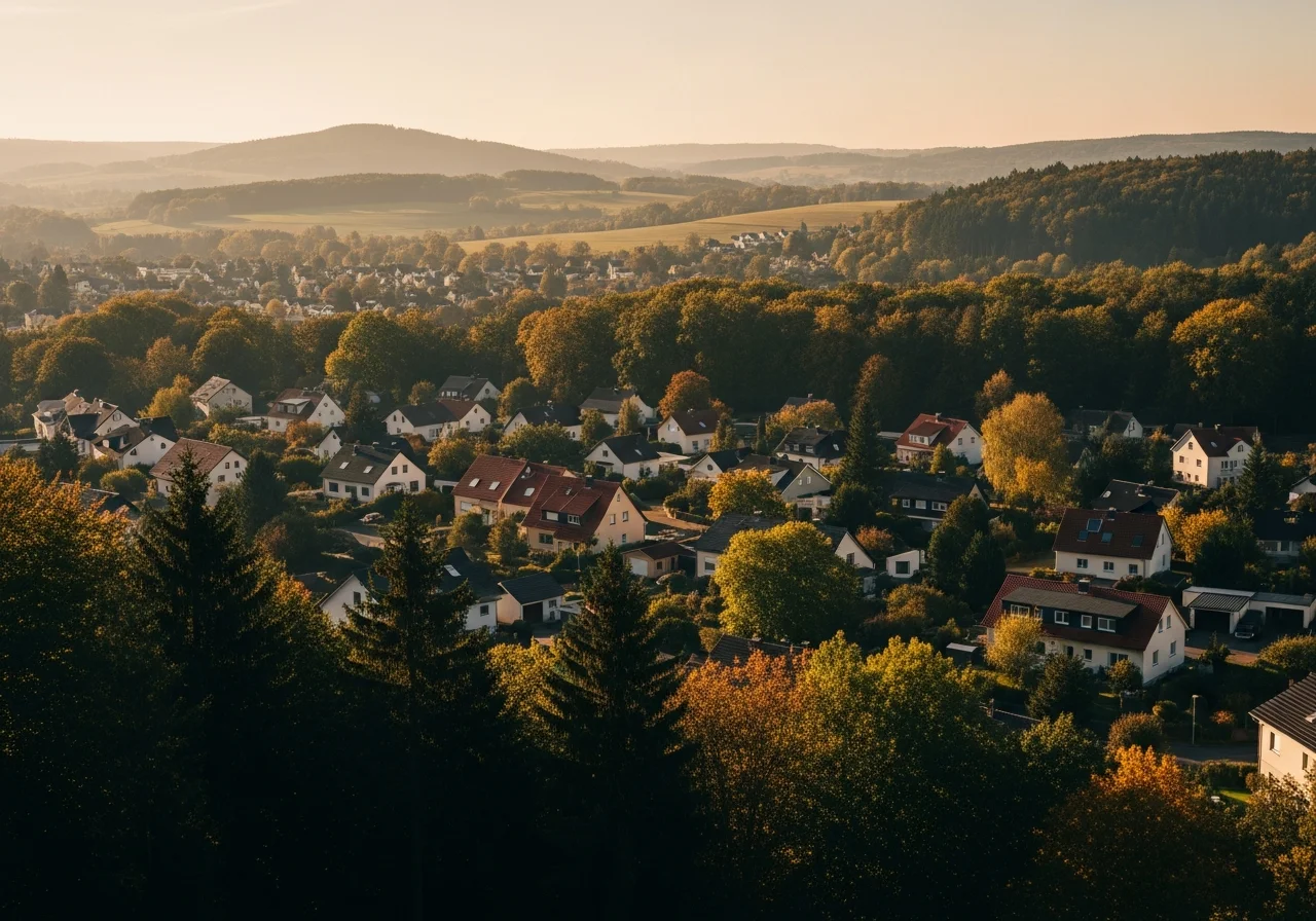 Luftaufnahme einer ruhigen grünen Pendlergemeinde im Taunus zur goldenen Stunde