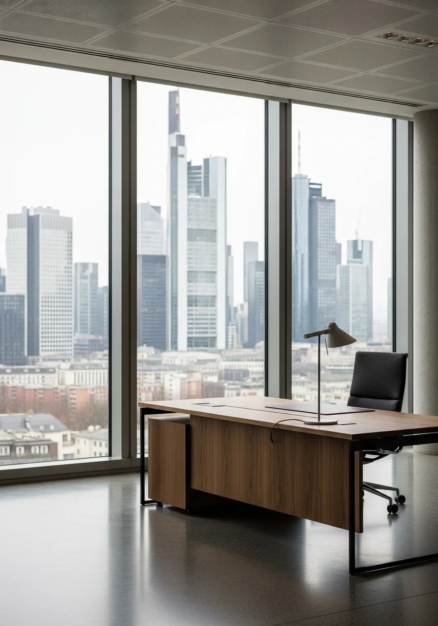 Ruhiger Bürobereich in einem Frankfurter Hochhaus mit Walnussschreibtisch und Skyline-Blick