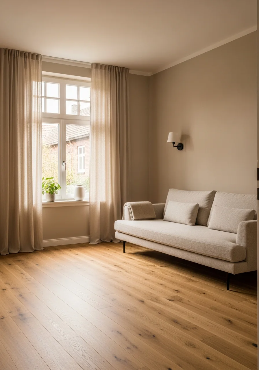 Helles Wohnzimmer in einem Taunus-Wohnhaus mit Eichenparkett und Leinenvorhängen