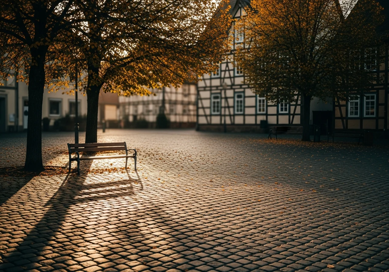 Ruhiger Kopfsteinpflasterplatz in einer Taunusgemeinde im Spätherbst